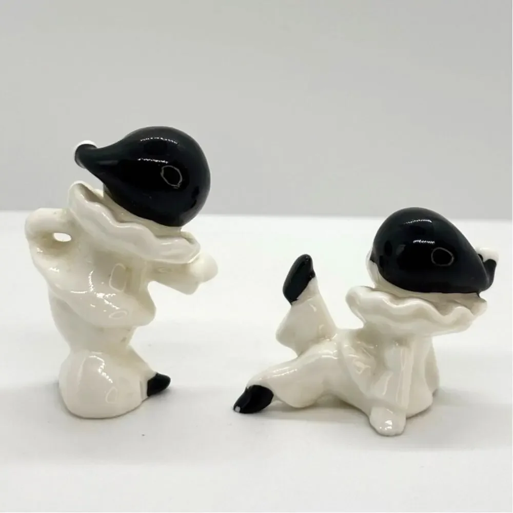Vintage Set of 2 Small Harlequin Pierrot Porcelain Clown Mime Figurines